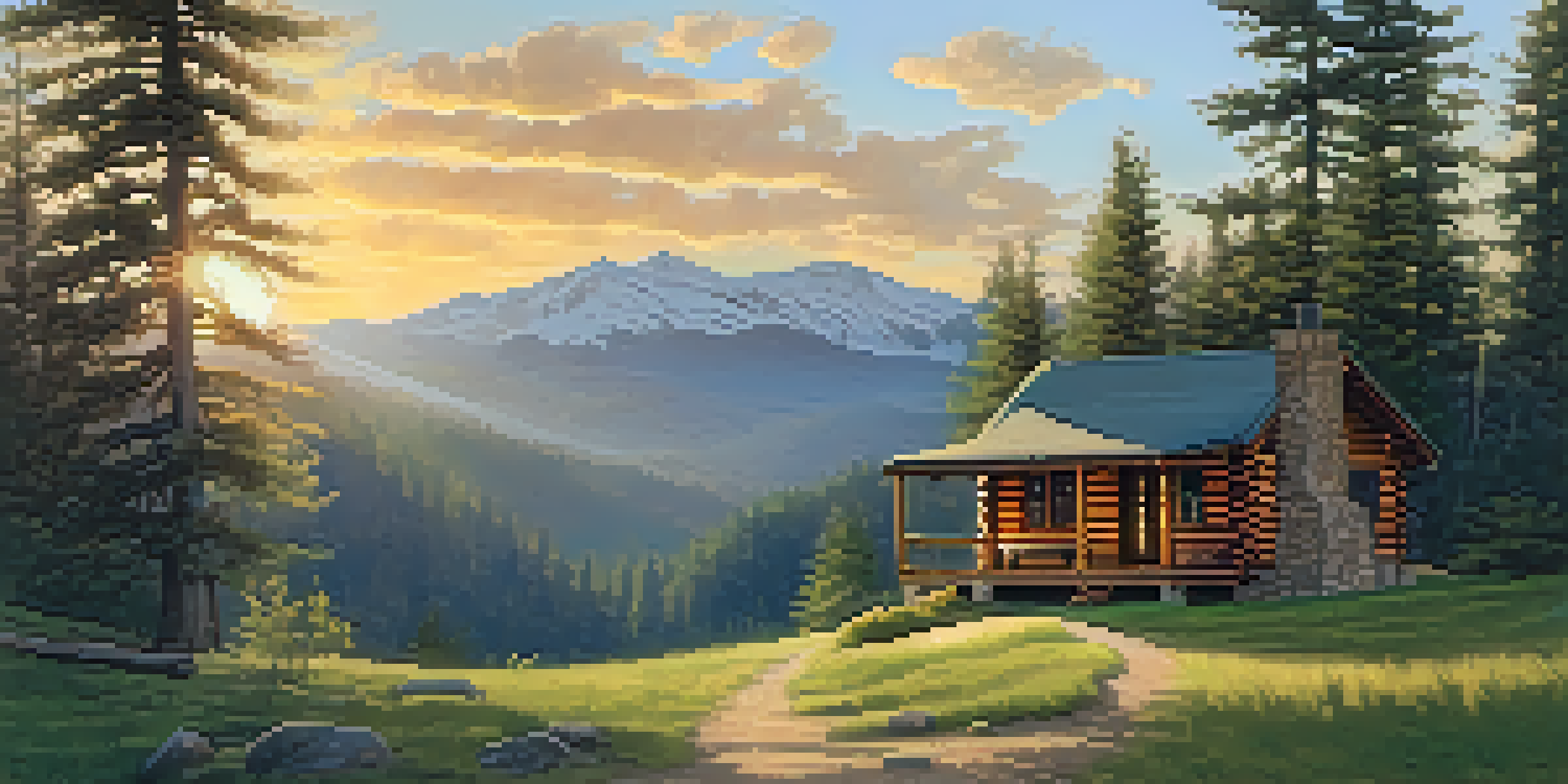 A picturesque view of Big Bear with a rustic logging cabin surrounded by lush green forests and a sunset sky.