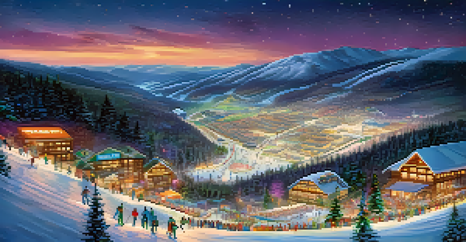 Aerial view of Bear Mountain resort at night, with illuminated ski trails and people enjoying the festive atmosphere.