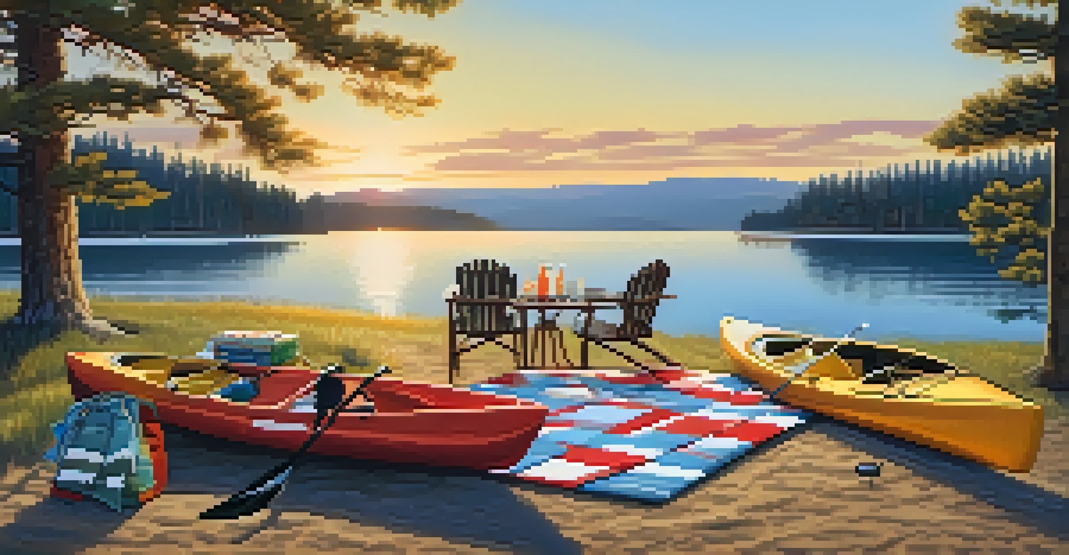 A picnic setup by Big Bear Lake with a sit-on-top kayak anchored nearby and a beautiful sunny atmosphere.