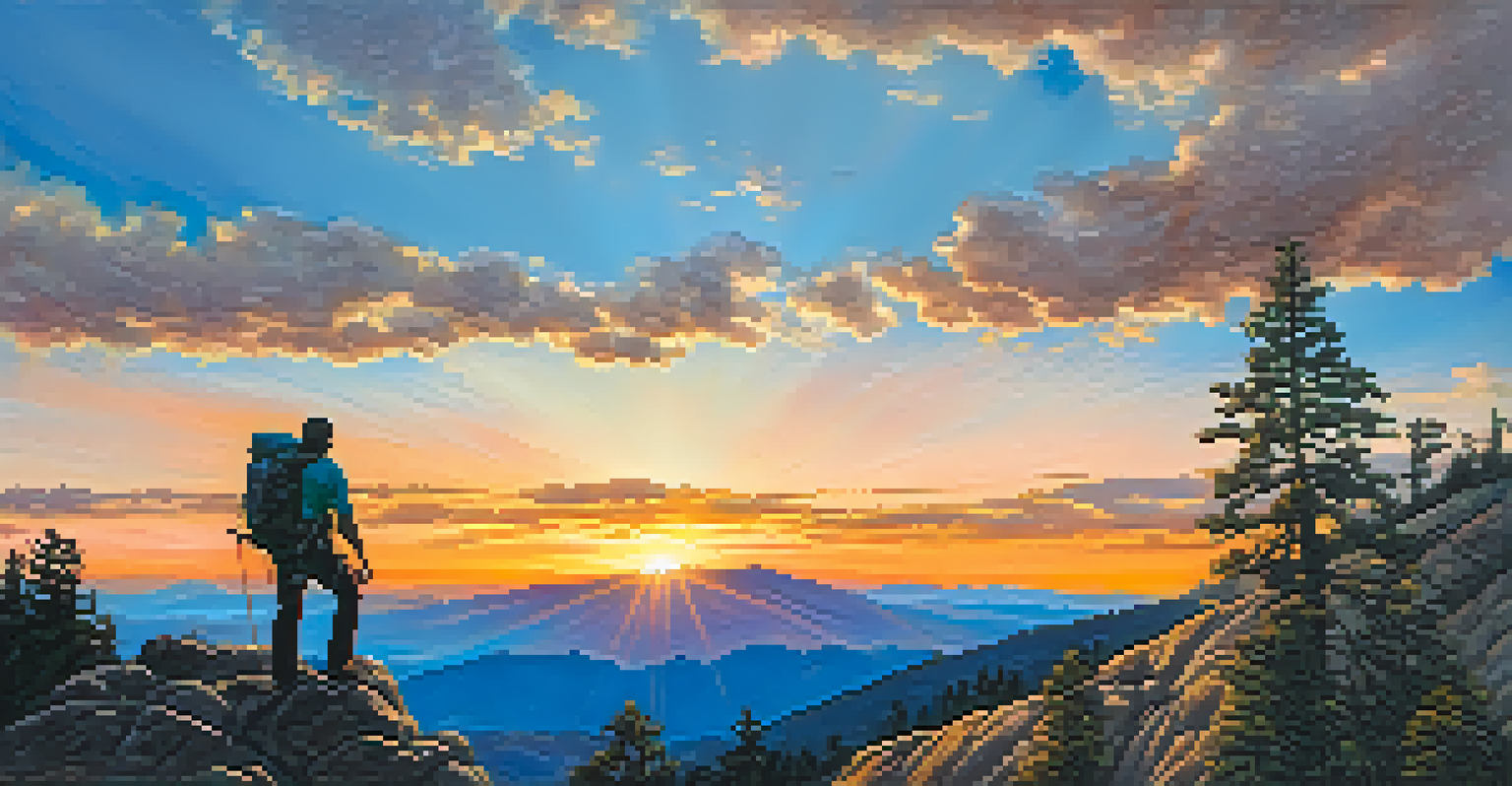 A hiker standing at the summit of a mountain, overlooking a vast landscape during sunset.