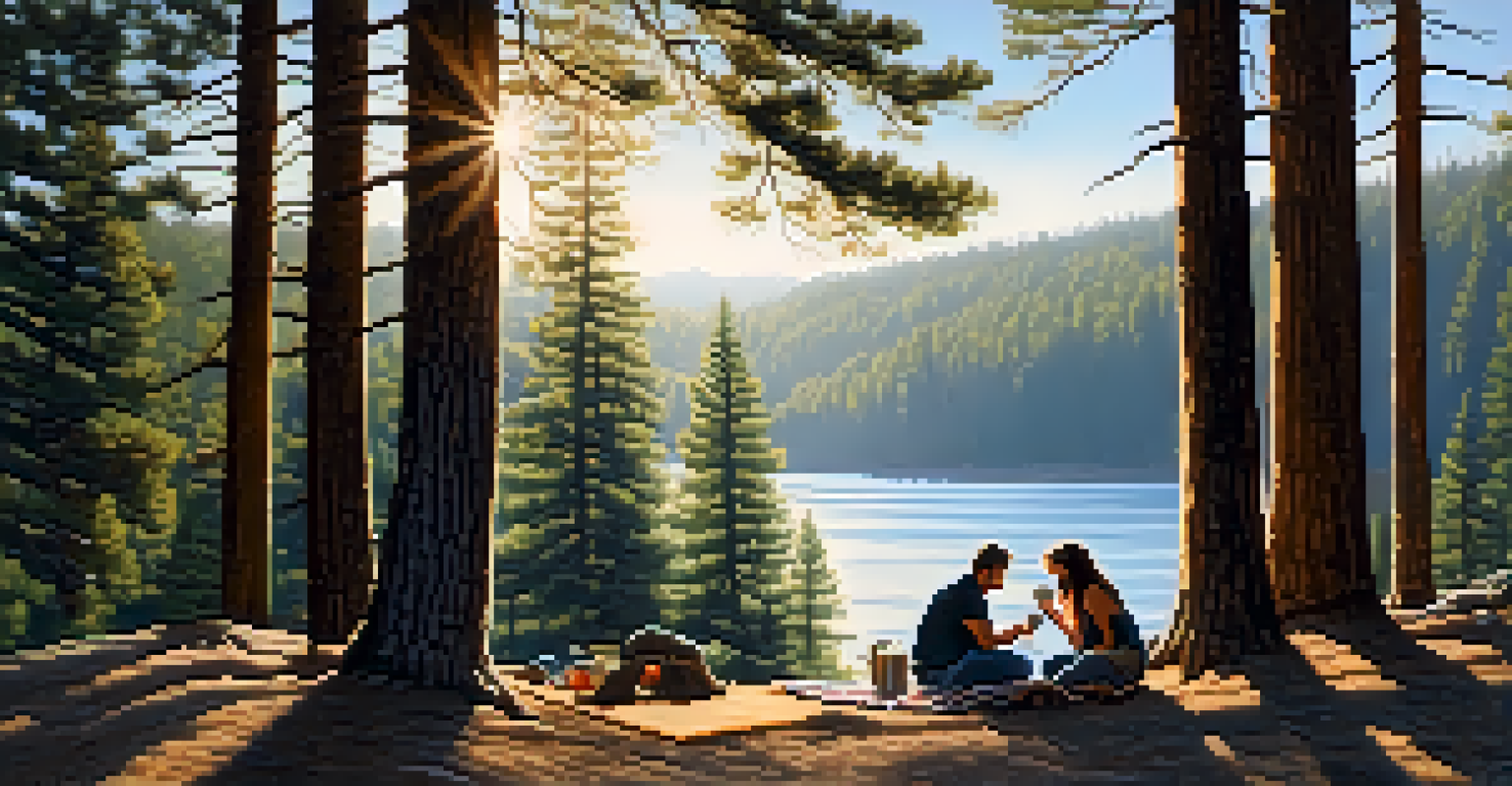 A couple enjoying coffee on a picnic blanket in a forested campground, with sunlight filtering through pine trees and a scenic trail in the background.