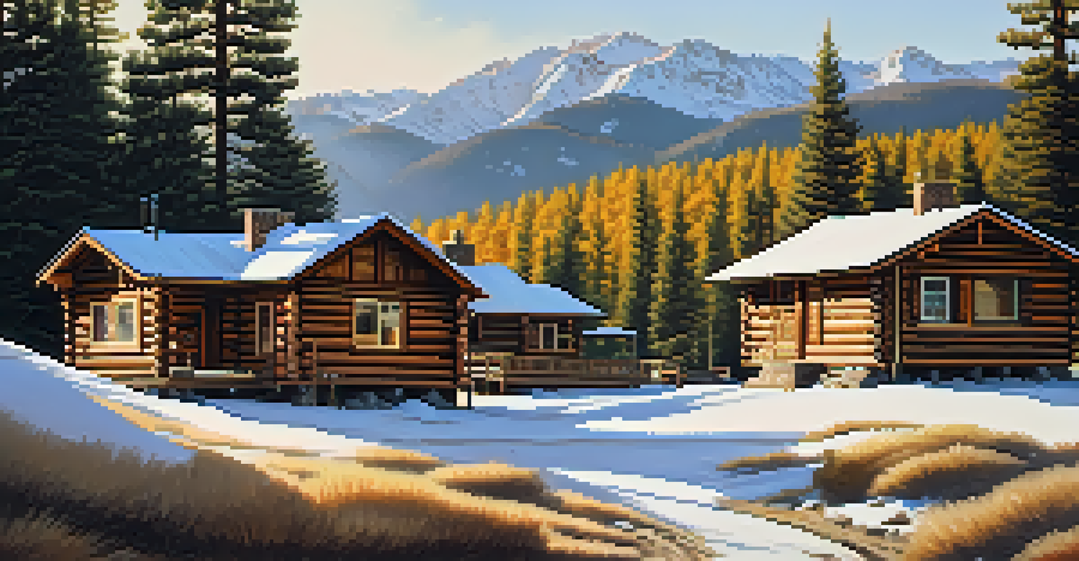 Rustic log cabins nestled among pine trees and mountains, illuminated by soft sunlight.
