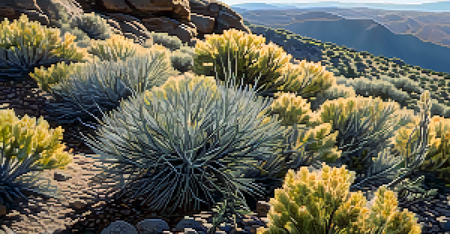 A detailed view of sagebrush plant with sunlight illuminating its leaves and surrounding plants.