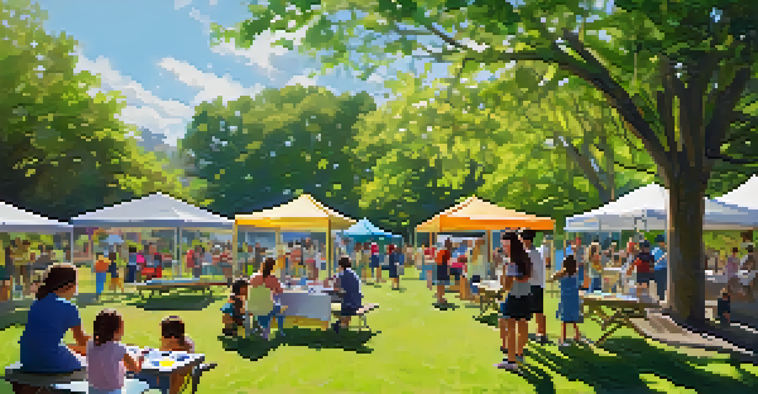 A vibrant outdoor art workshop in a park, with children and families participating in creative activities surrounded by colorful art displays.
