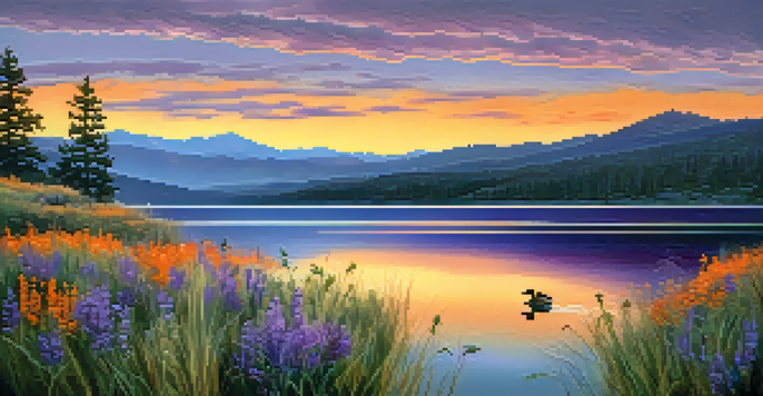 A sunset view of Big Bear Lake with colorful reflections on the water and a duck swimming in the foreground.