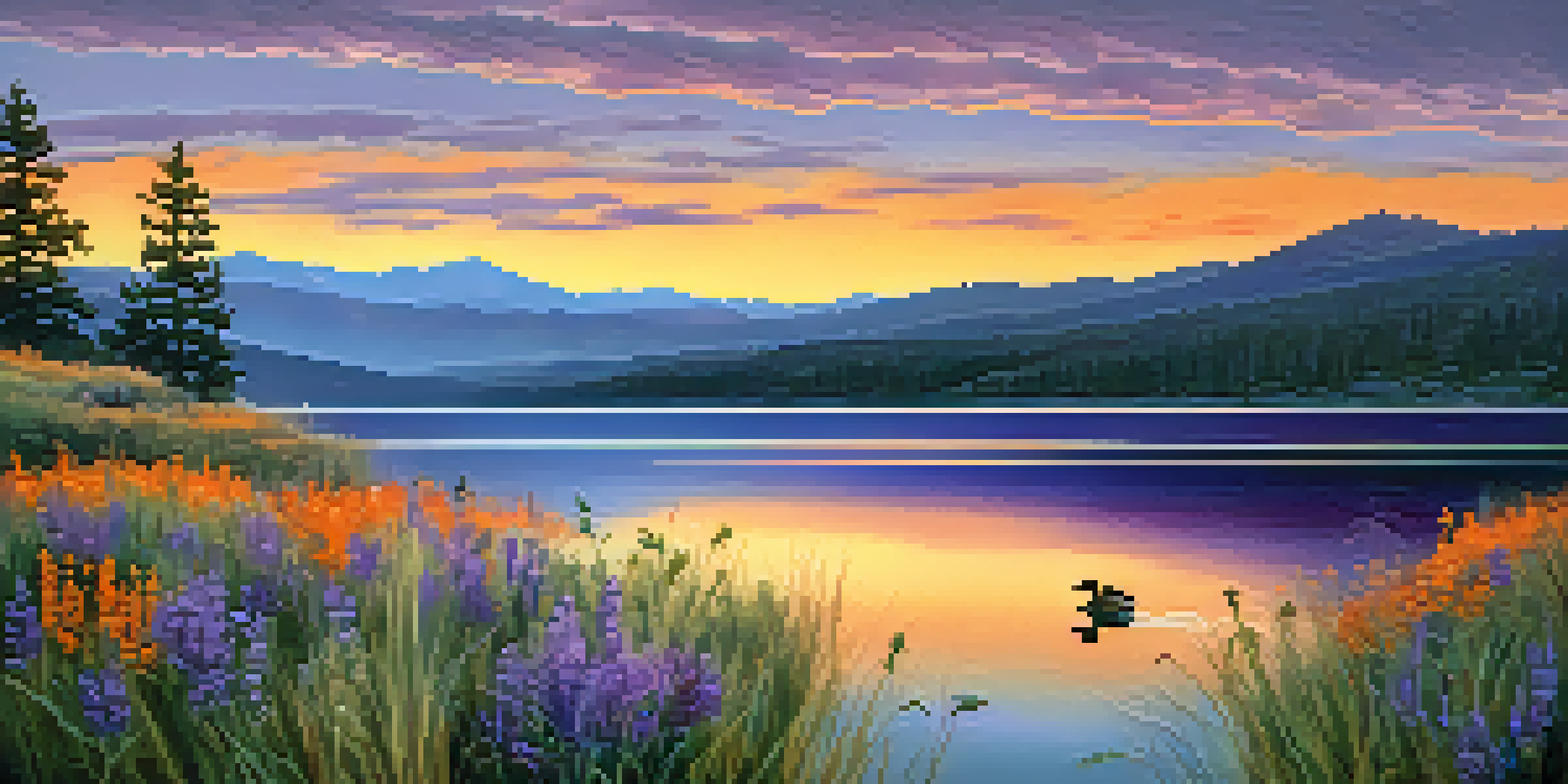 A sunset view of Big Bear Lake with colorful reflections on the water and a duck swimming in the foreground.