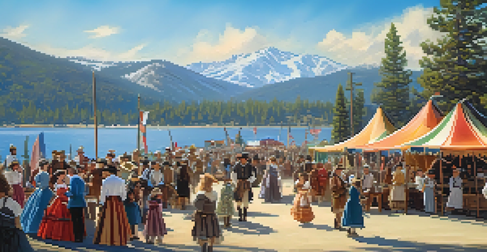 A lively community event in Big Bear with people in historical costumes and colorful tents, set against the scenic backdrop of Big Bear Lake and mountains under a sunny sky.
