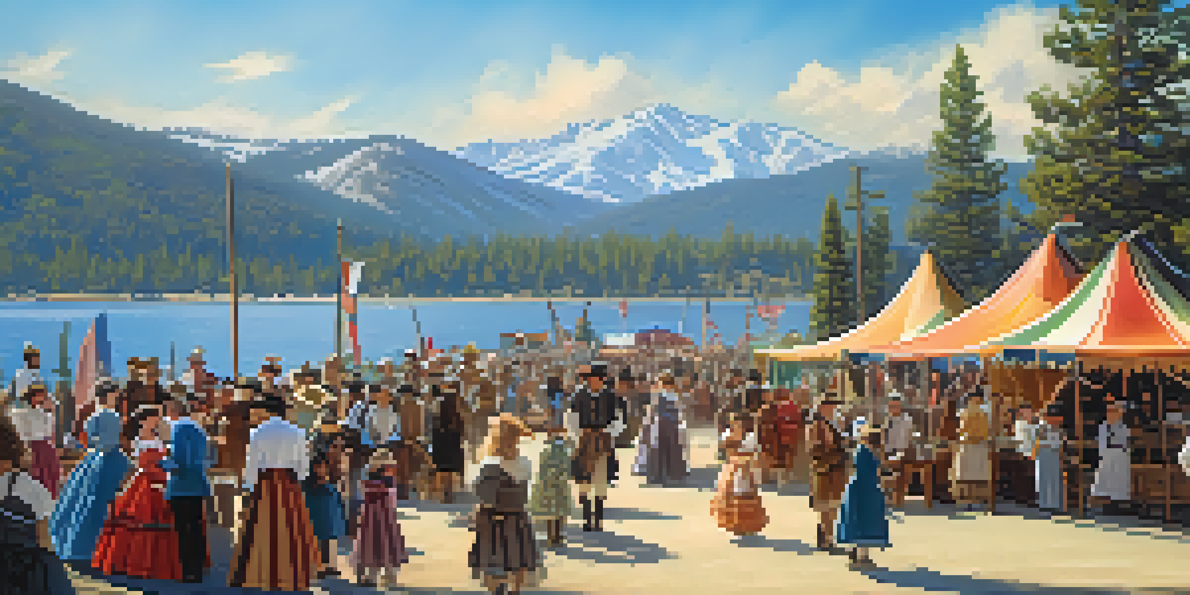 A lively community event in Big Bear with people in historical costumes and colorful tents, set against the scenic backdrop of Big Bear Lake and mountains under a sunny sky.