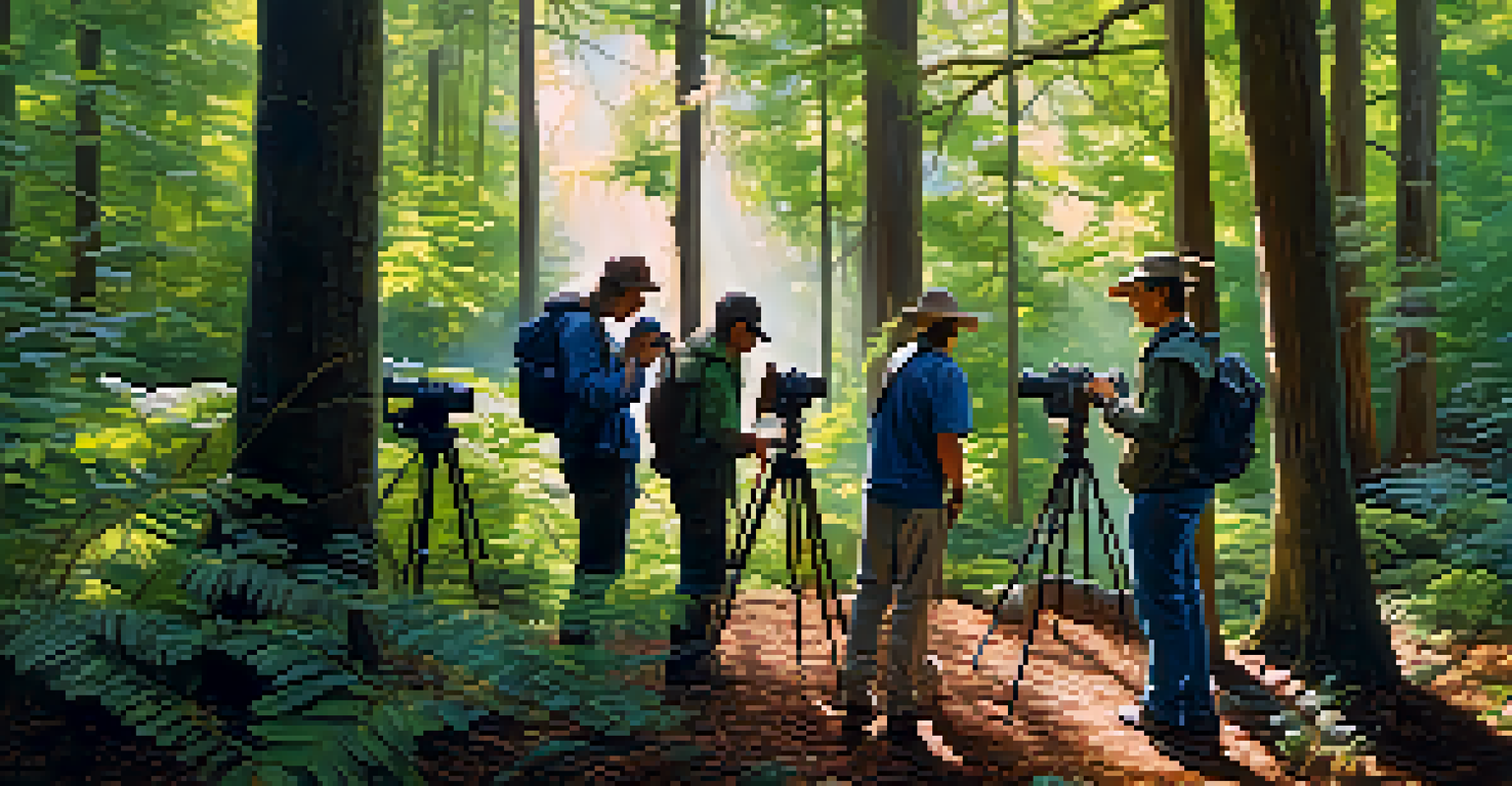 Photographers participating in a nature workshop in a lush forest, surrounded by trees and sunlight filtering through the canopy.