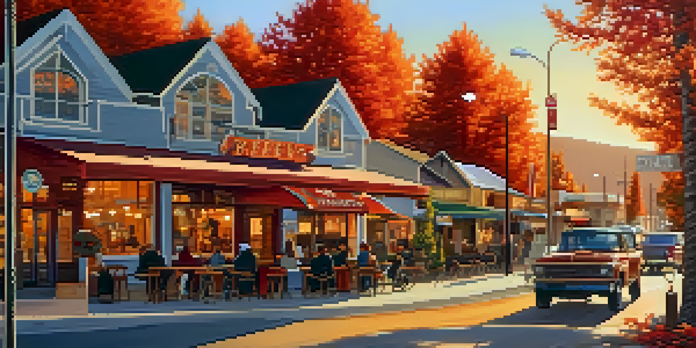A scenic view of Big Bear's streets with breweries, mountains, and colorful autumn leaves.
