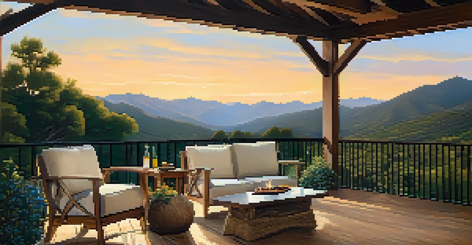 A beautiful outdoor patio with seating and a fire pit, surrounded by mountains and illuminated by the setting sun.