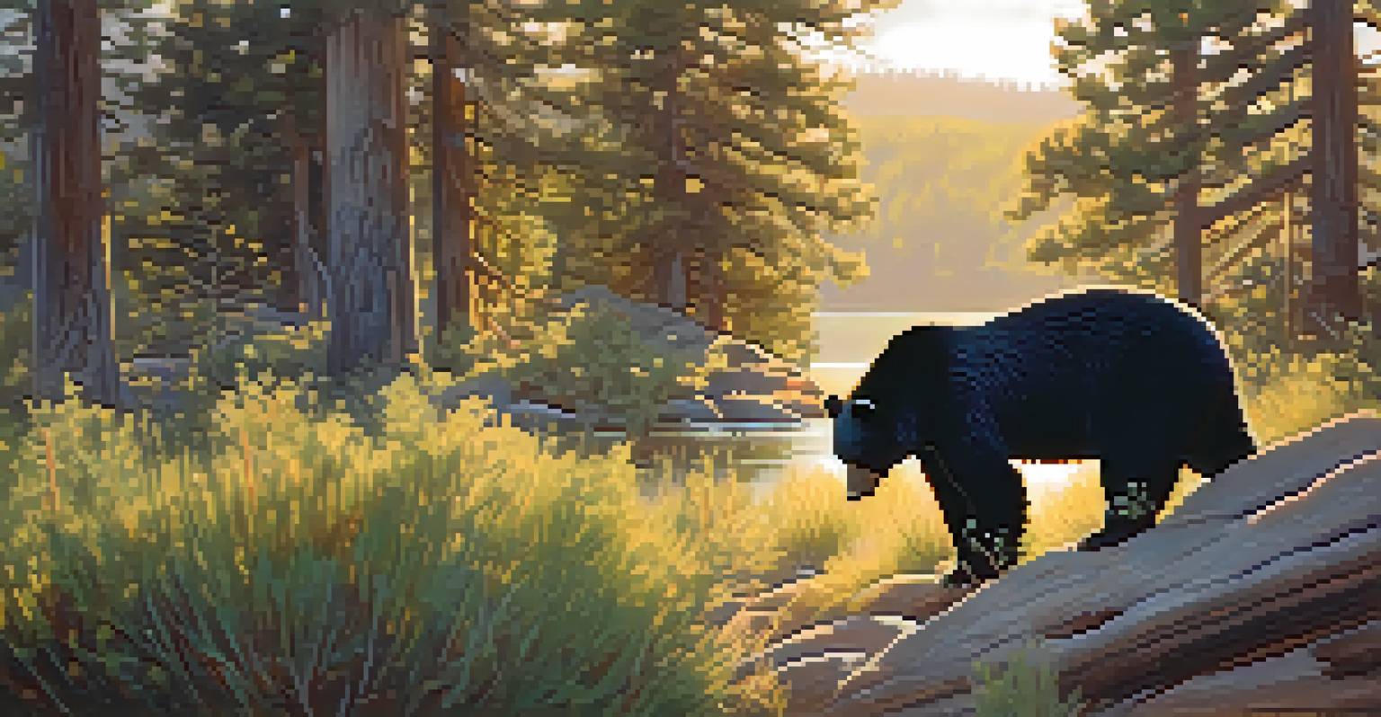 A black bear foraging near a berry bush in a sunlit forest at Big Bear Lake during the early morning.