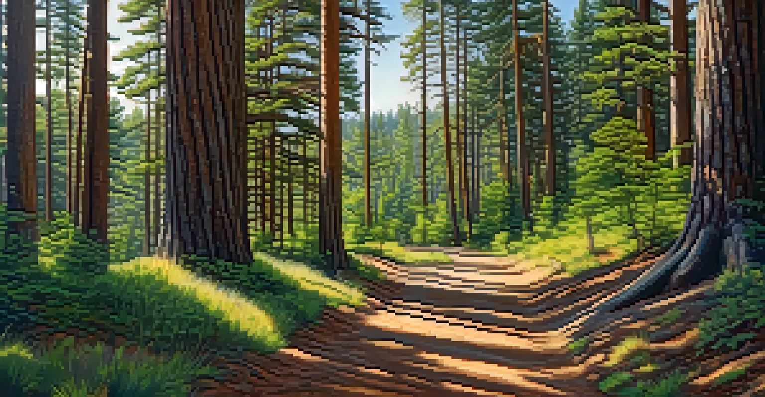 A scenic view of the Pine Knot Trail with tall pines and hikers enjoying the nature.