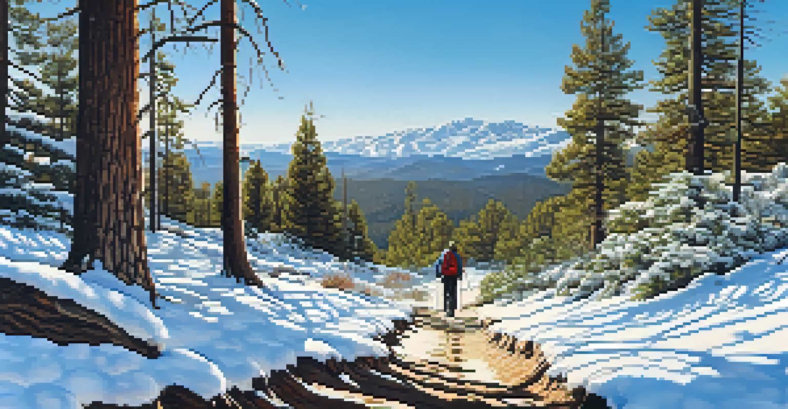 A panoramic winter hiking trail in the Big Bear Mountains with a hiker in the distance navigating through the snow.