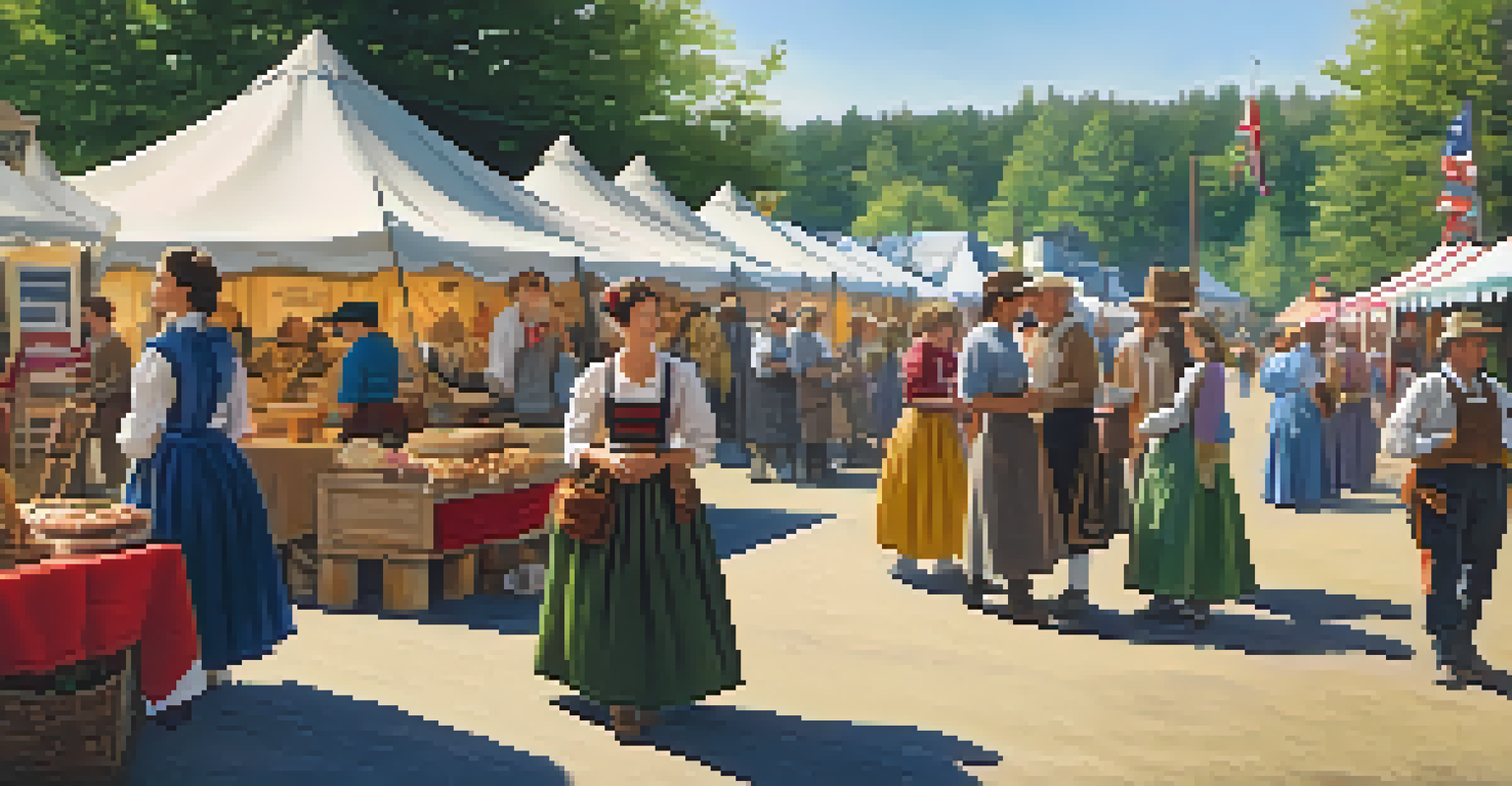 A vibrant outdoor festival showcasing local crafts and food, with volunteers in period costumes and families enjoying the festivities.