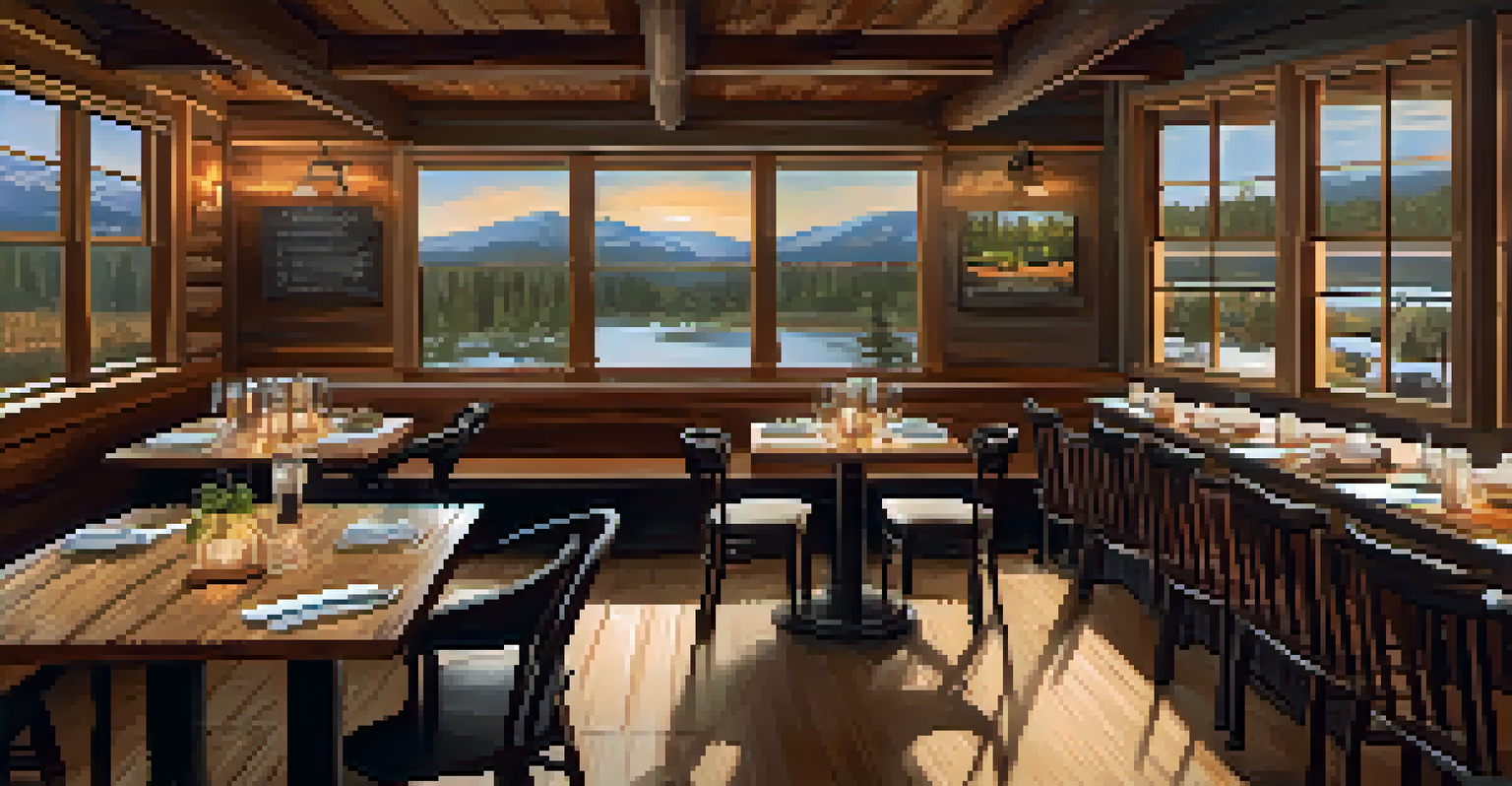 The cozy interior of a farm-to-table restaurant with rustic decor, warm lighting, and a view of nature through large windows.
