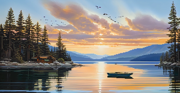 A peaceful morning view of Big Bear Lake with mountains and pine trees reflecting in the water, a small boat floating, and birds in the sky.