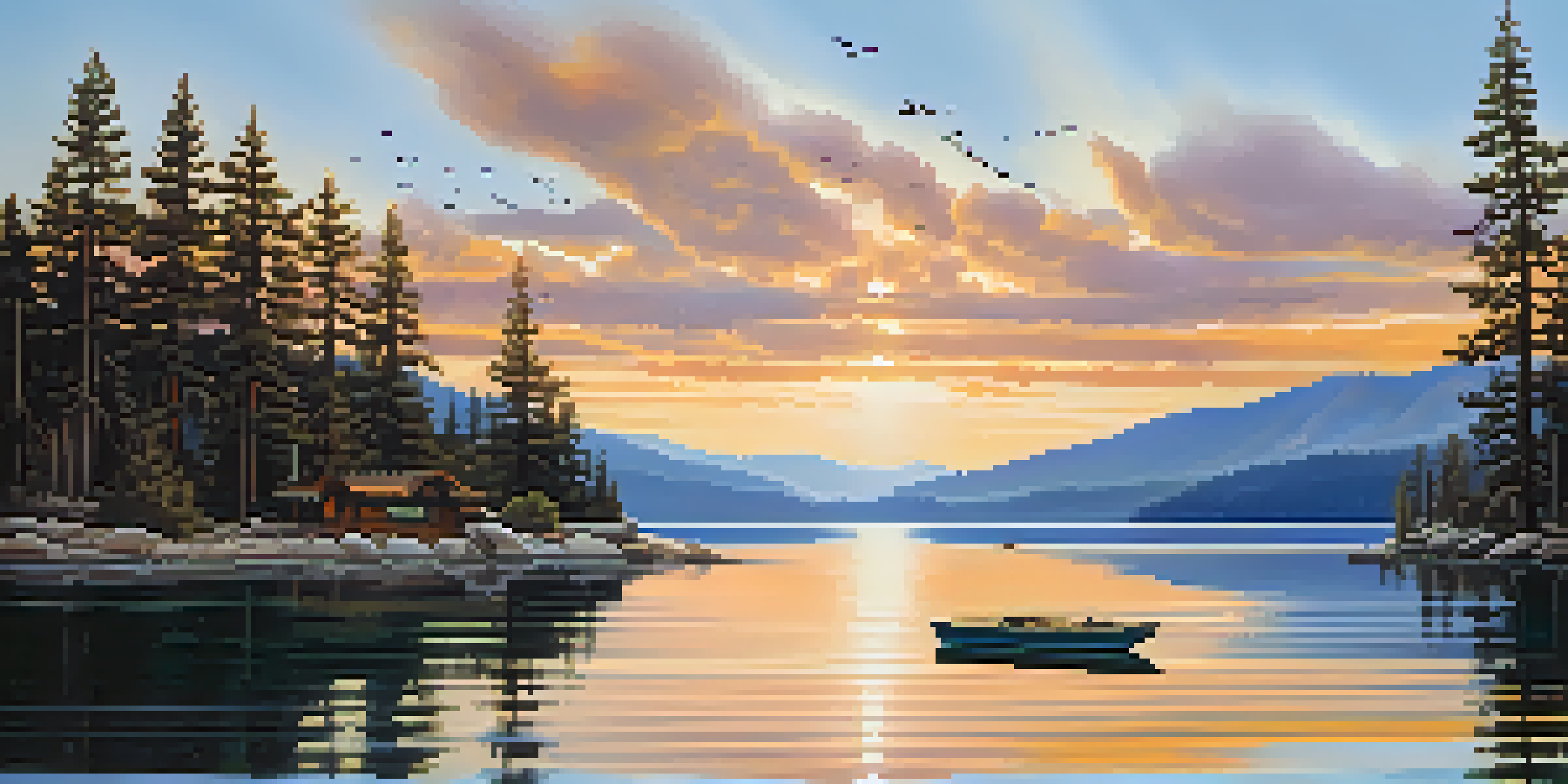 A peaceful morning view of Big Bear Lake with mountains and pine trees reflecting in the water, a small boat floating, and birds in the sky.