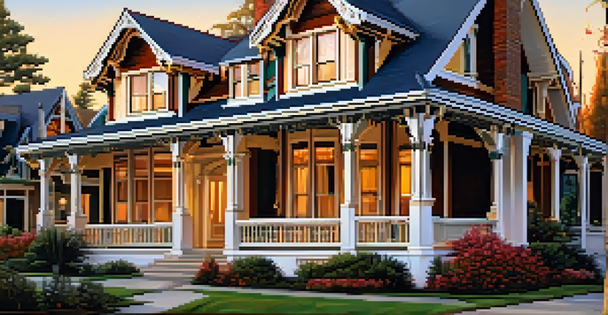 Detailed architecture of a Colonial Revival home with colorful features and lush landscaping at sunset.