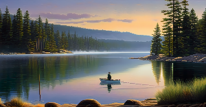 A fisherman casting his line into Big Bear Lake during an early morning, with mist over the water and sunlight creating a warm glow.