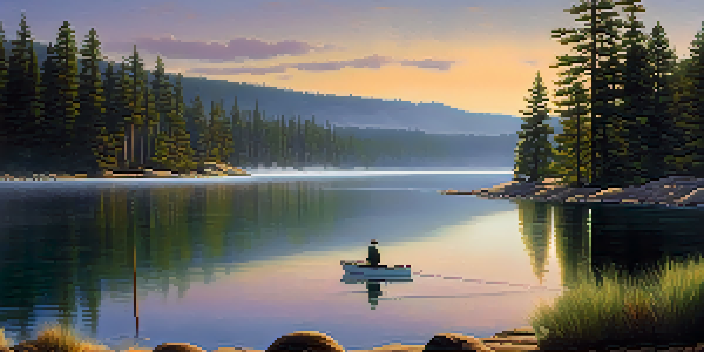 A fisherman casting his line into Big Bear Lake during an early morning, with mist over the water and sunlight creating a warm glow.