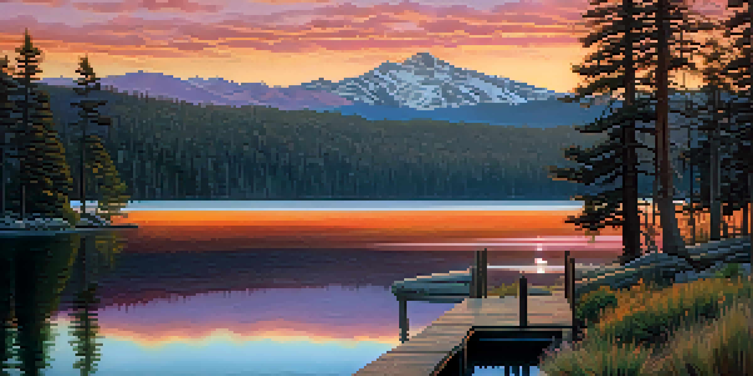 A scenic sunset view over Big Bear Lake with a wooden pier and surrounding pine trees.