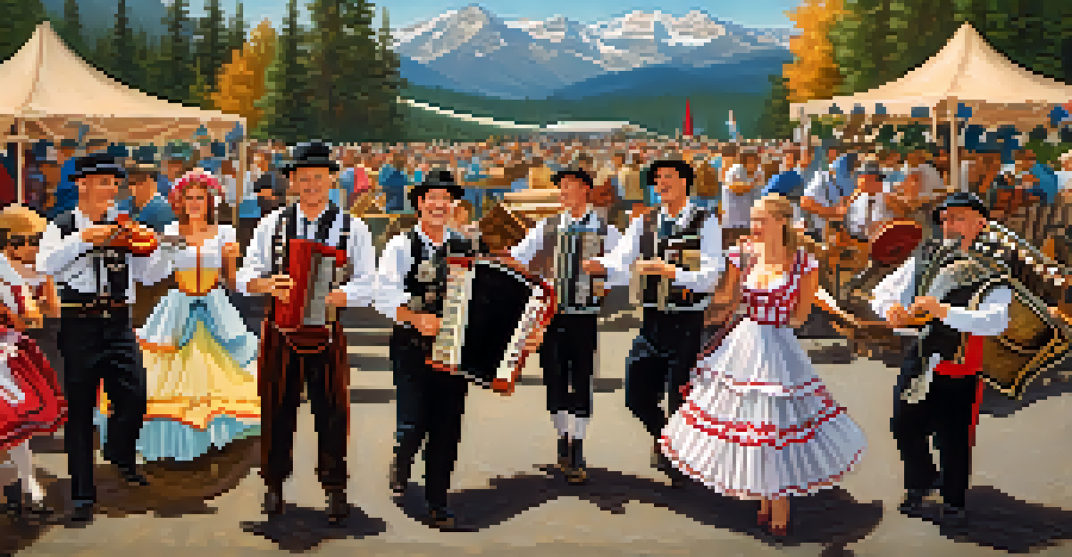 A polka band in traditional attire performing at Big Bear's Oktoberfest, with a dancing crowd and beautiful mountain scenery.