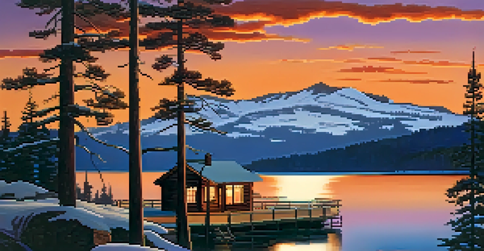 A beautiful sunset over Big Bear Lake with a cozy cabin in the foreground and snow-capped mountains in the background.