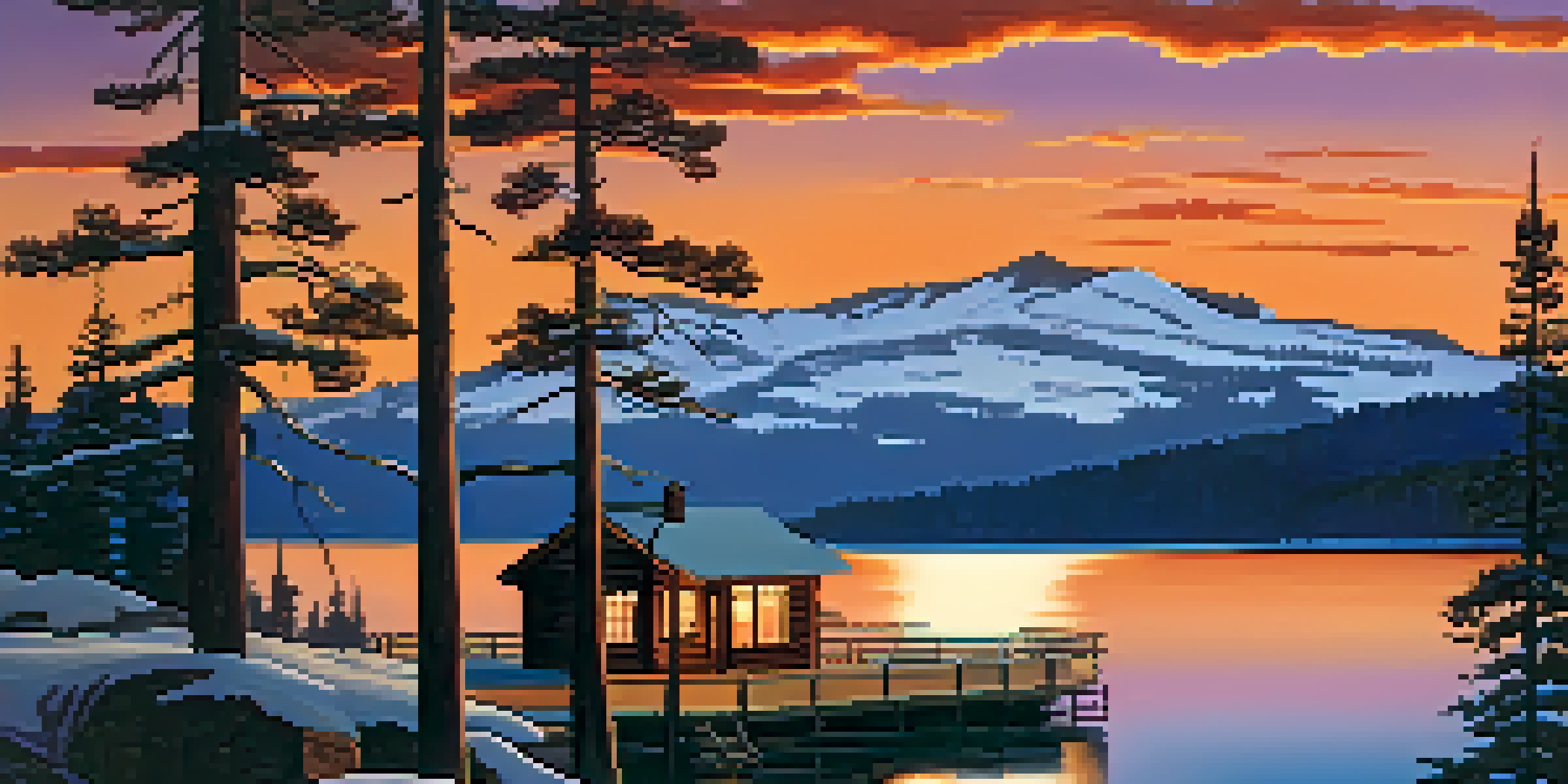 A beautiful sunset over Big Bear Lake with a cozy cabin in the foreground and snow-capped mountains in the background.