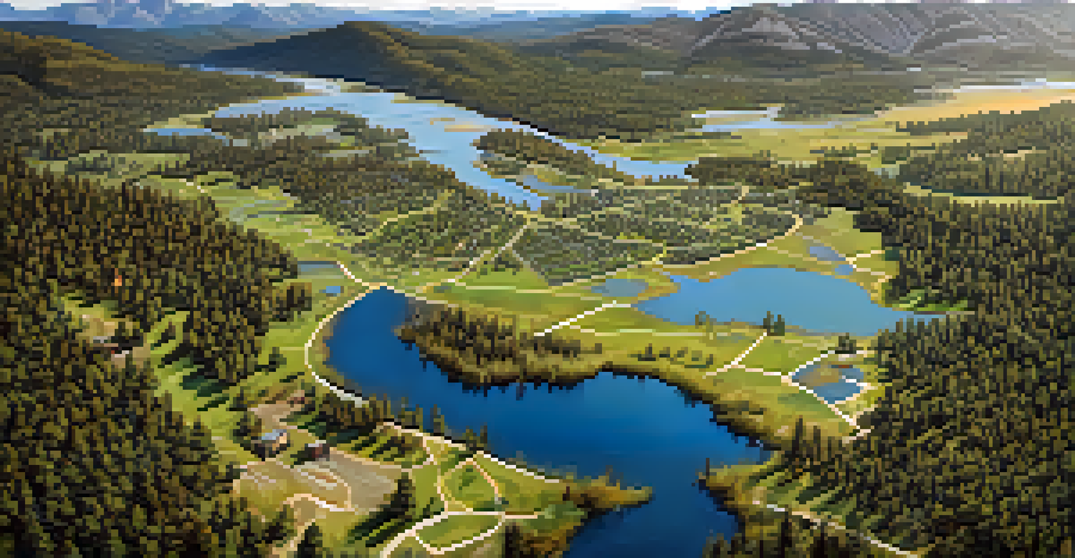 Aerial view of Big Bear Valley highlighting its diverse ecosystems with residents participating in outdoor activities and drones monitoring the landscape.