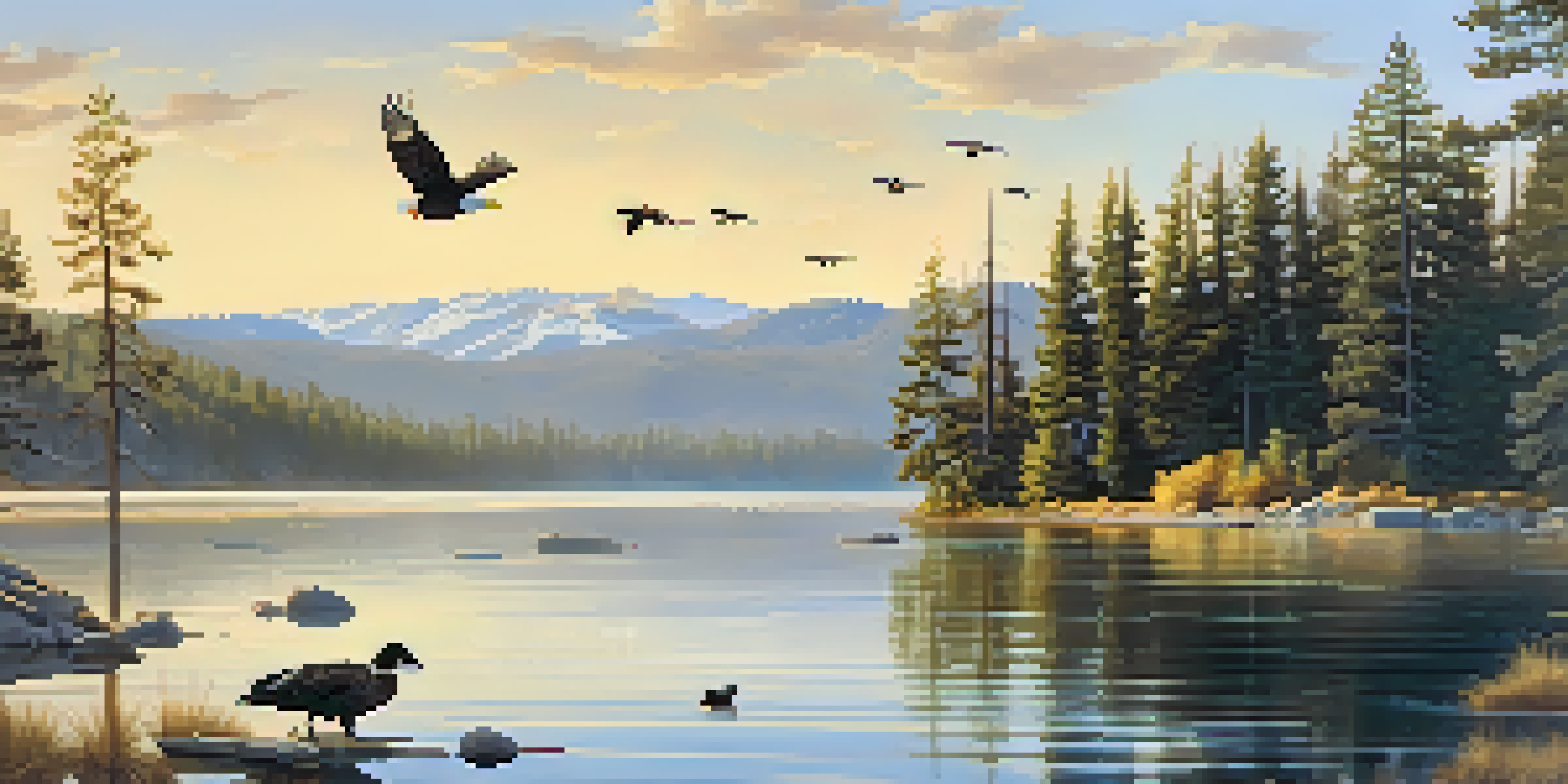 A peaceful morning at Big Bear Lake with birds, including ducks and a bald eagle, surrounded by pine trees and mountains.