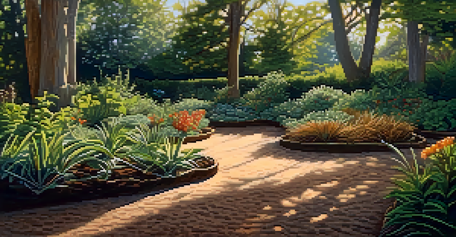 A garden scene with wood chip mulch around healthy plants, illuminated by dappled sunlight filtering through the leaves.