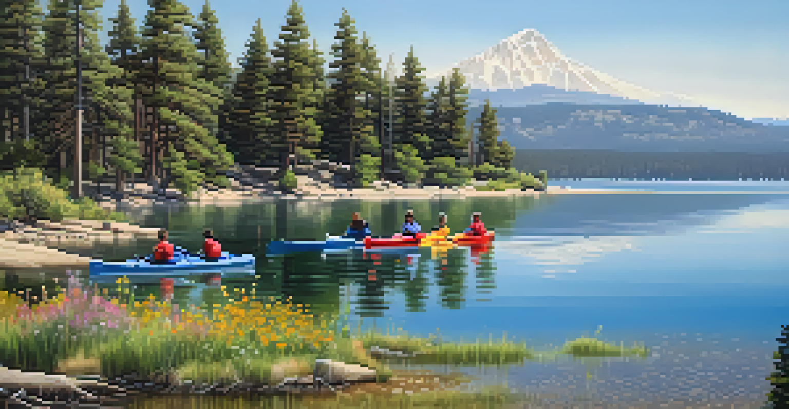 Families kayaking at Pine Knot Landing with colorful wildflowers and pine trees along the shoreline.