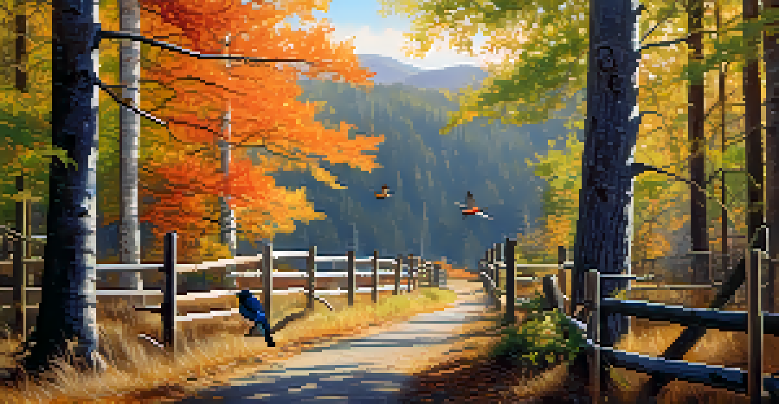 A birdwatcher on an autumn trail observing Mountain Bluebirds, surrounded by colorful fall leaves and a serene forest setting.