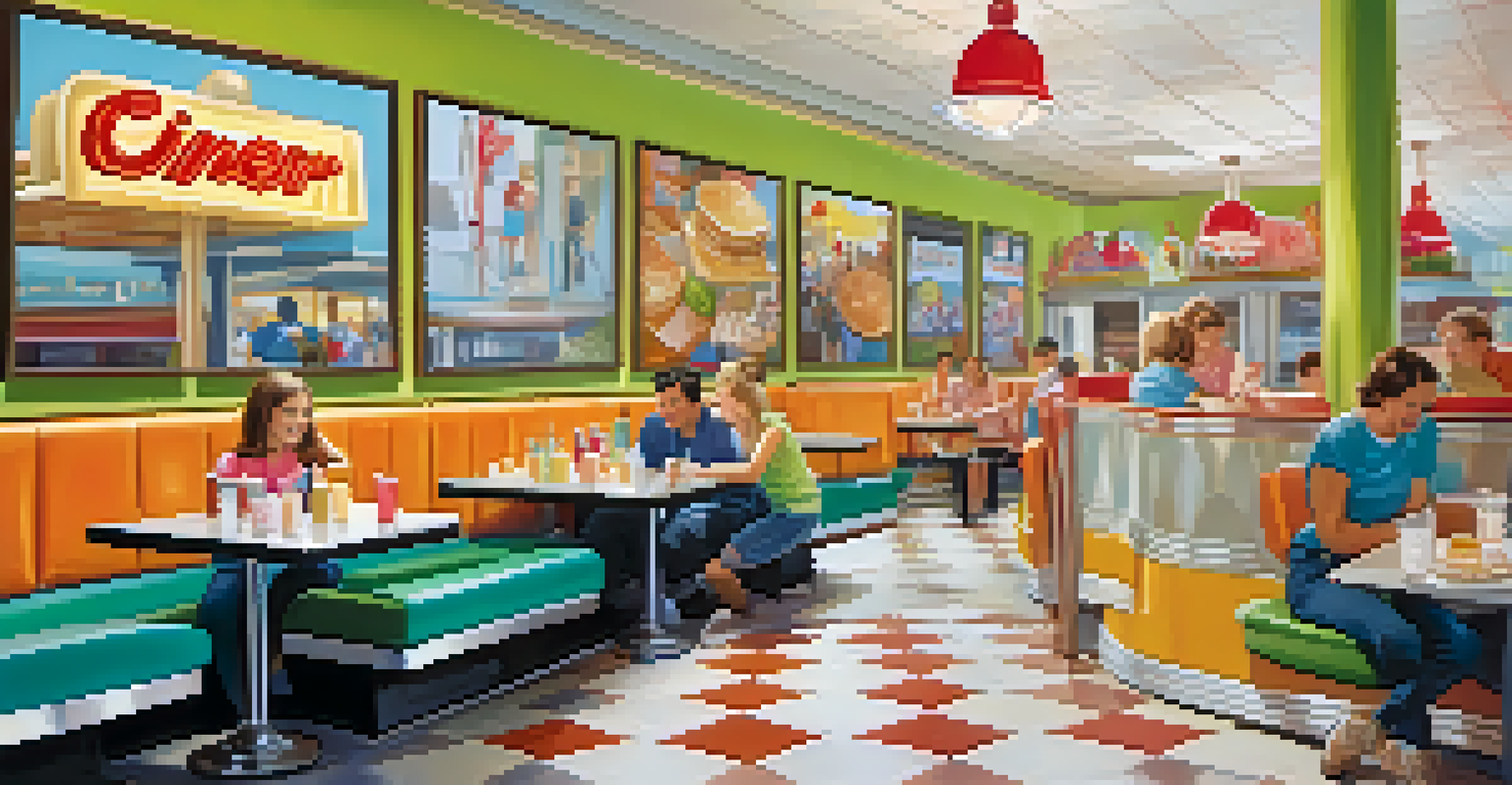 A lively family-friendly diner filled with families enjoying large pancakes and colorful drinks.