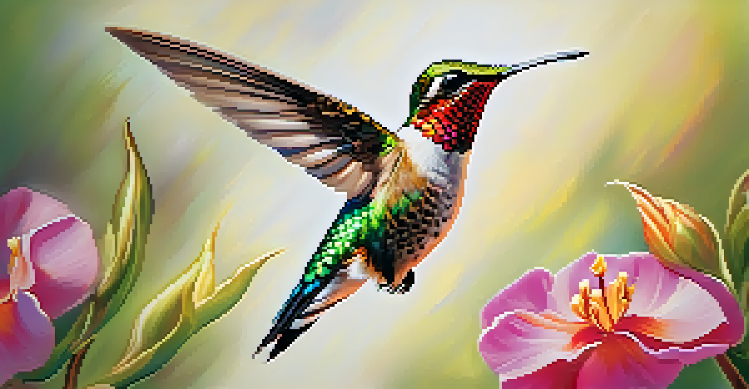A close-up of a hummingbird hovering by a flower, showcasing its colorful feathers against a softly blurred background.