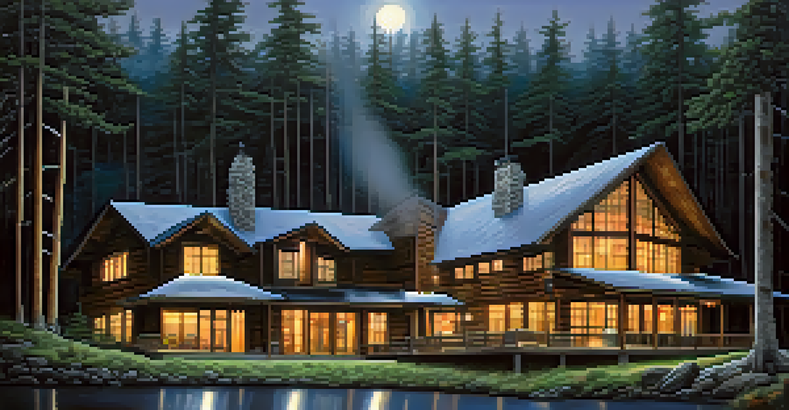 A panoramic view of a lodge surrounded by trees, with moonlight reflecting in the windows and mist adding to the mysterious atmosphere.