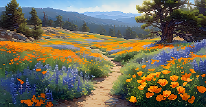 A colorful field of blooming wildflowers in Big Bear, California, featuring California poppies and lupines under a sunny blue sky.
