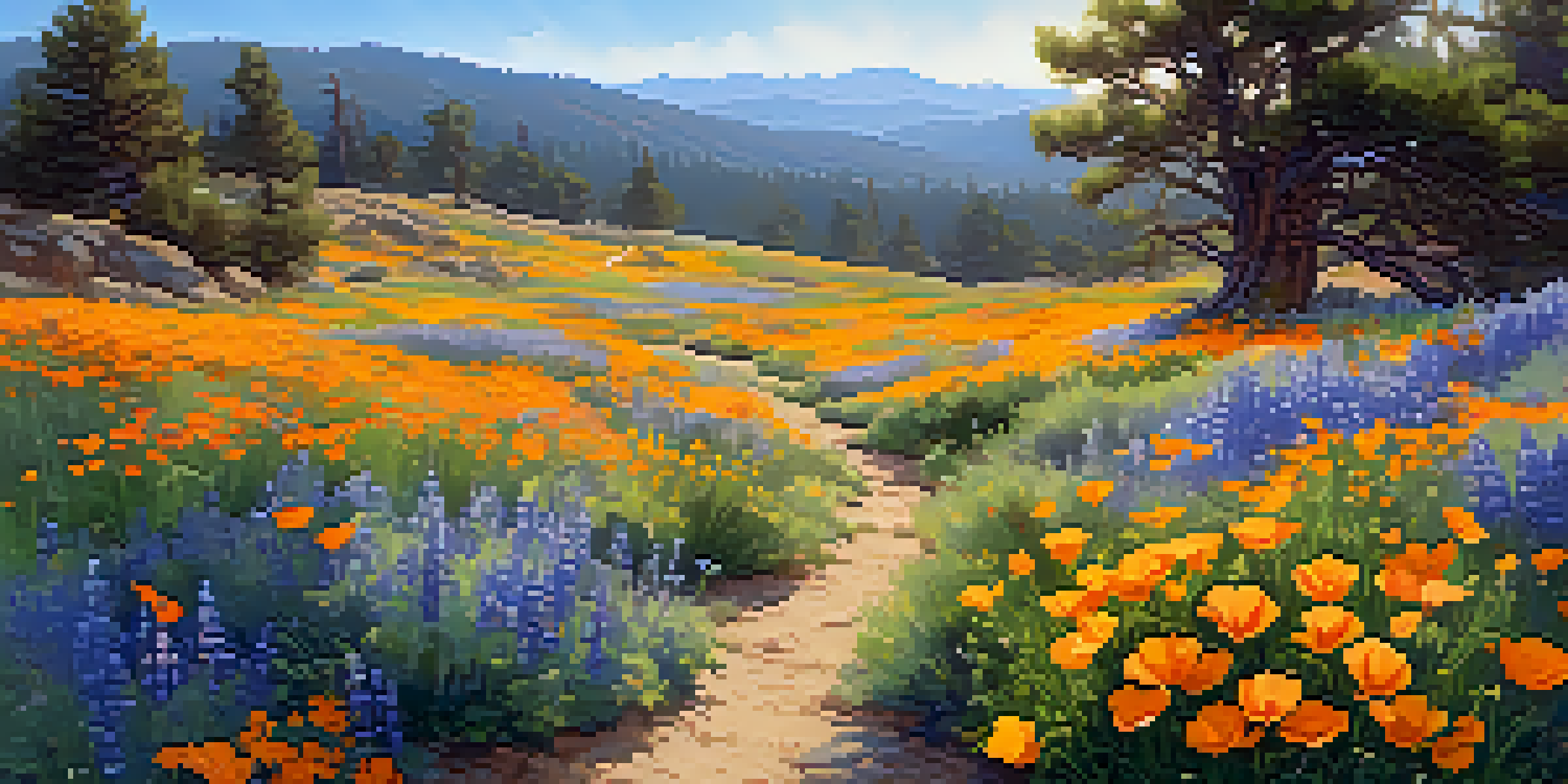 A colorful field of blooming wildflowers in Big Bear, California, featuring California poppies and lupines under a sunny blue sky.