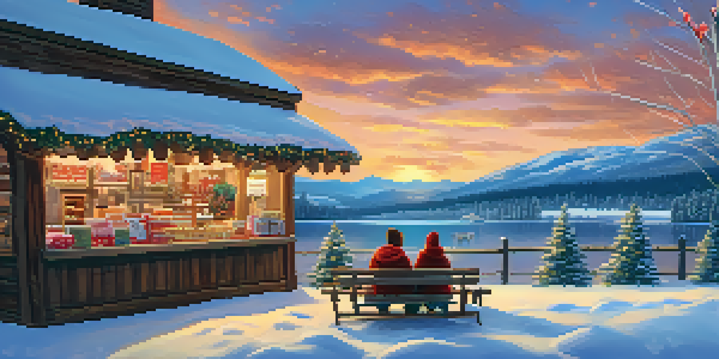 A romantic winter scene at Big Bear Lake with couples sharing hot cocoa under a blanket, snow-covered mountains, and a beautiful sunset.