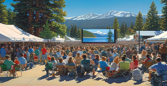 A lively outdoor film festival at Big Bear Lake, with a diverse crowd in front of a large screen, surrounded by tall trees and mountains under a clear blue sky.