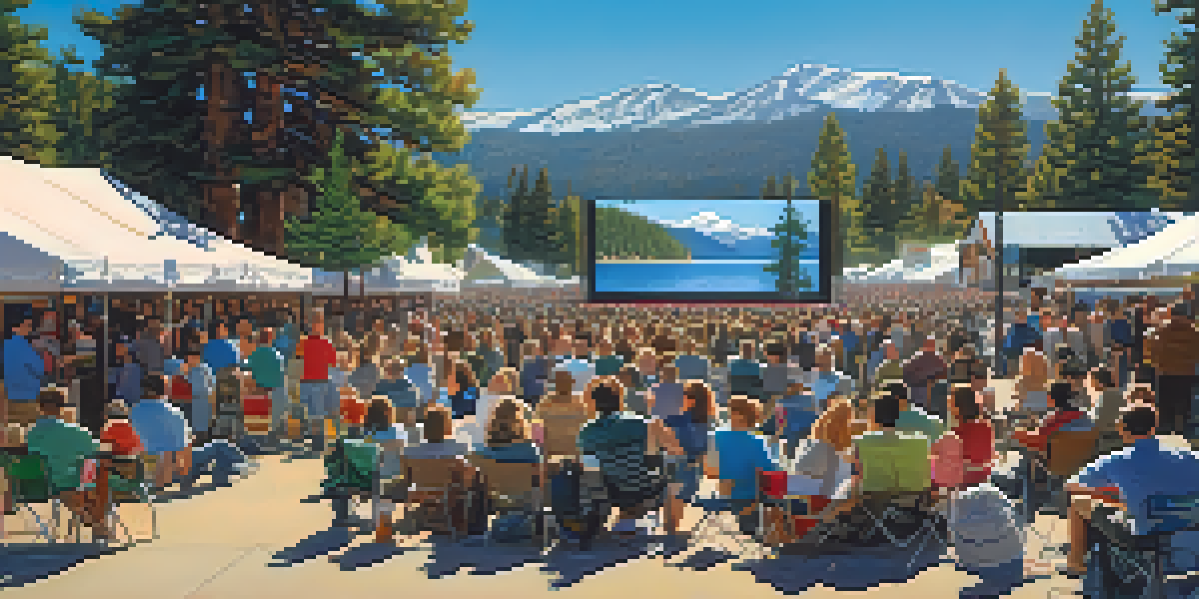 A lively outdoor film festival at Big Bear Lake, with a diverse crowd in front of a large screen, surrounded by tall trees and mountains under a clear blue sky.
