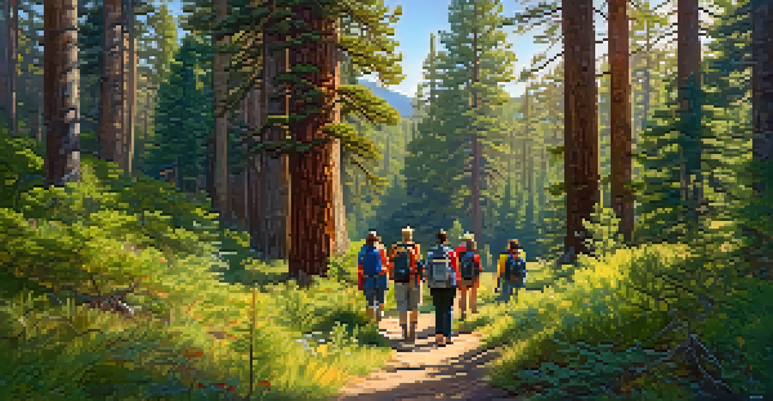A diverse group of hikers on an eco-tour in Big Bear, surrounded by pine trees and wildflowers, with a guide pointing out local wildlife.