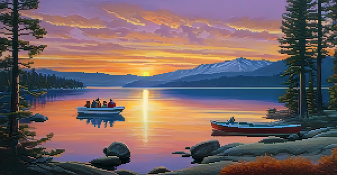 A sunset view of Big Bear Lake with mountains and pine trees, and a family enjoying a boat ride.