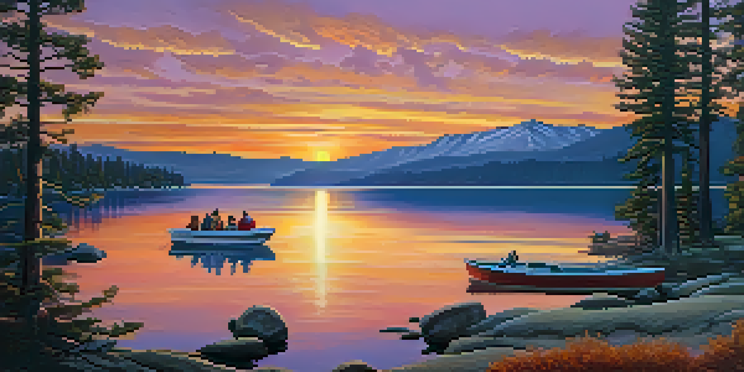 A sunset view of Big Bear Lake with mountains and pine trees, and a family enjoying a boat ride.