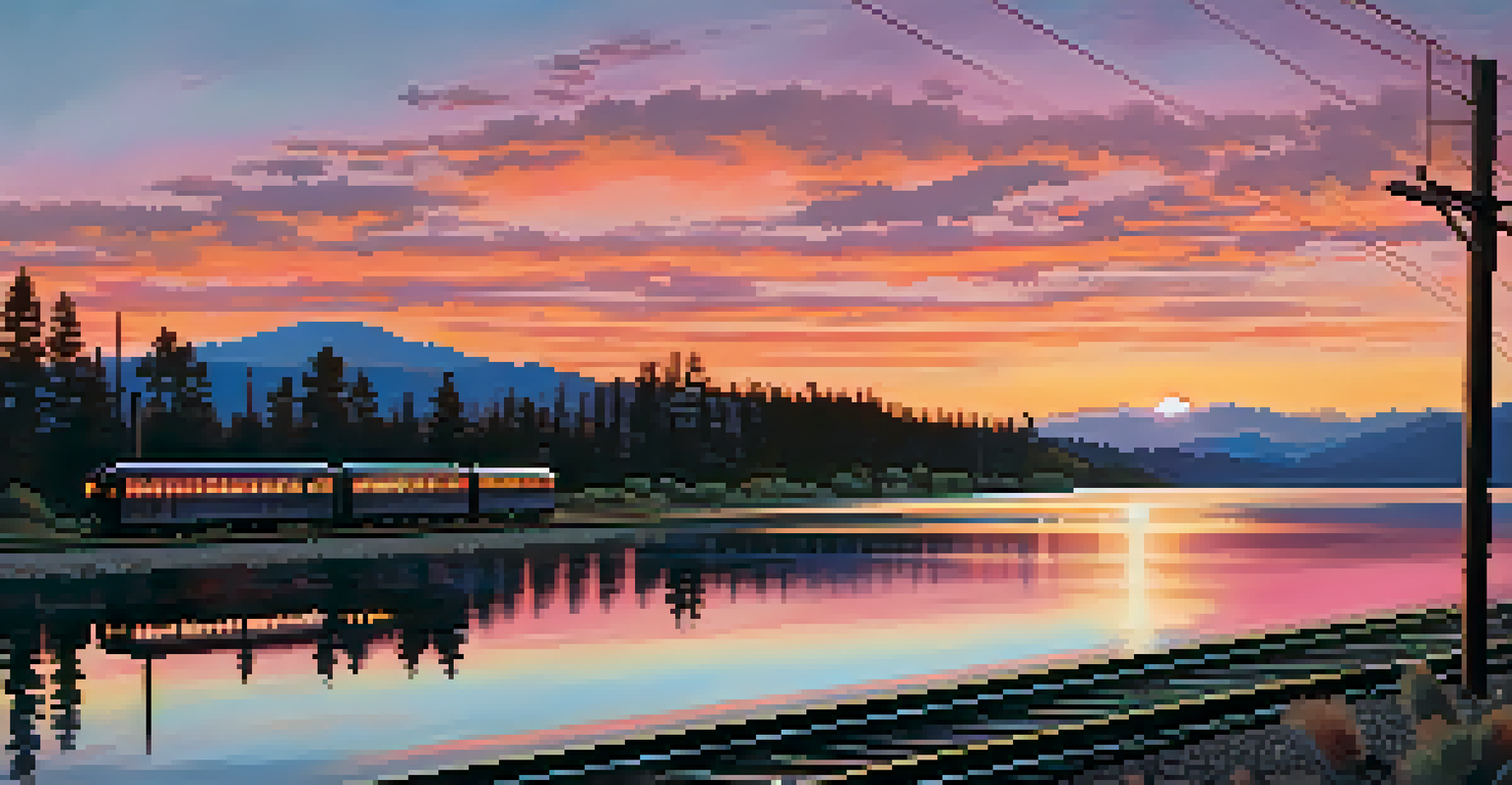 A sunset view over Big Bear Lake with a vintage train silhouette in the foreground.