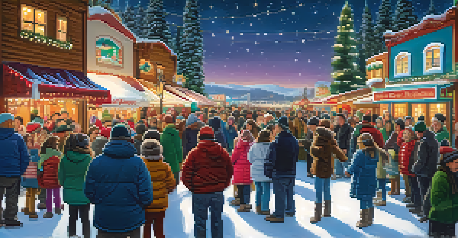 A bustling winter festival in Big Bear with live music, colorful lights, and families enjoying the festive atmosphere under a starry sky.