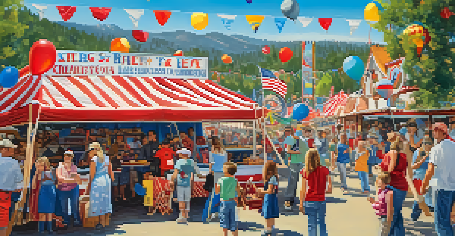 A community fair in Big Bear with vendors, families, and children enjoying activities and food in a festive atmosphere.