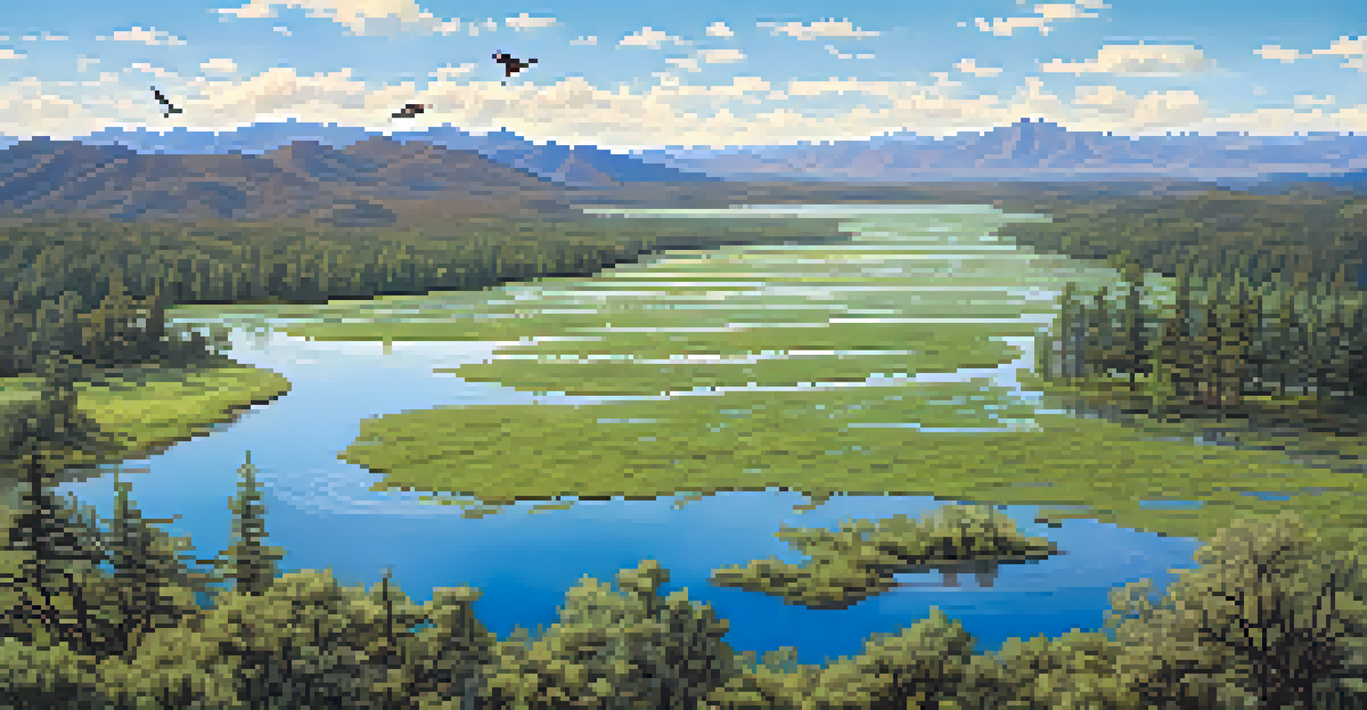An aerial perspective of Big Bear's wetlands with waterways, lush vegetation, and birds flying above, highlighting the biodiversity of this essential habitat.