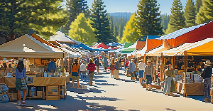 A lively artisan craft fair with colorful tents and handmade goods in Big Bear Valley, featuring visitors exploring various crafts under the sunlight.